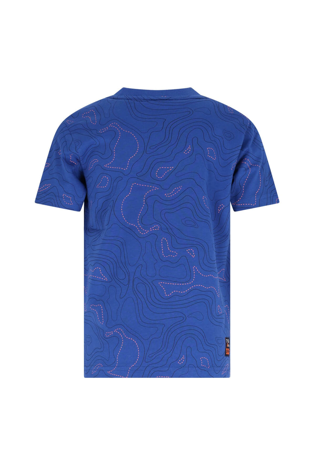 Back view of the blue t-shirt with abstract pattern on a white background