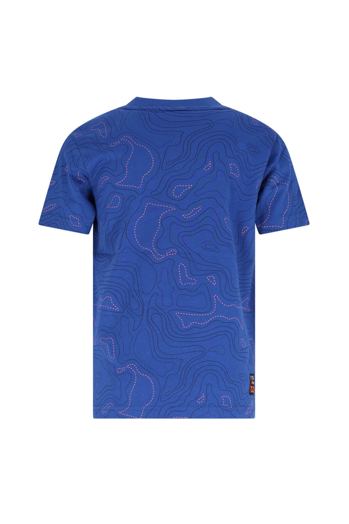 Back view of the blue t-shirt with abstract pattern on a white background