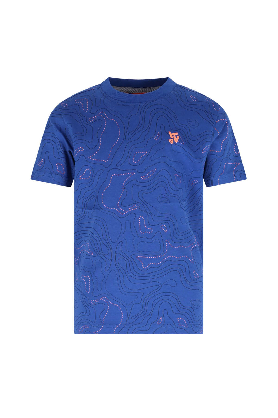 A blue short-sleeve crewneck t-shirt with an all-over topographic contour line pattern in a lighter blue and a small orange &