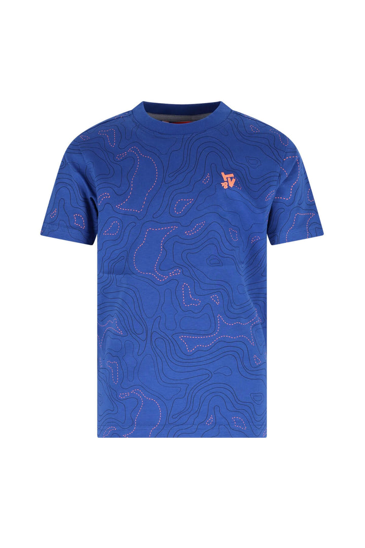 A blue short-sleeve crewneck t-shirt with an all-over topographic contour line pattern in a lighter blue and a small orange &