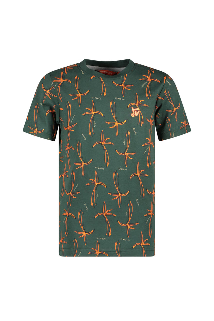 Front view of the green t-shirt Thijs with orange floral pattern on a white background
