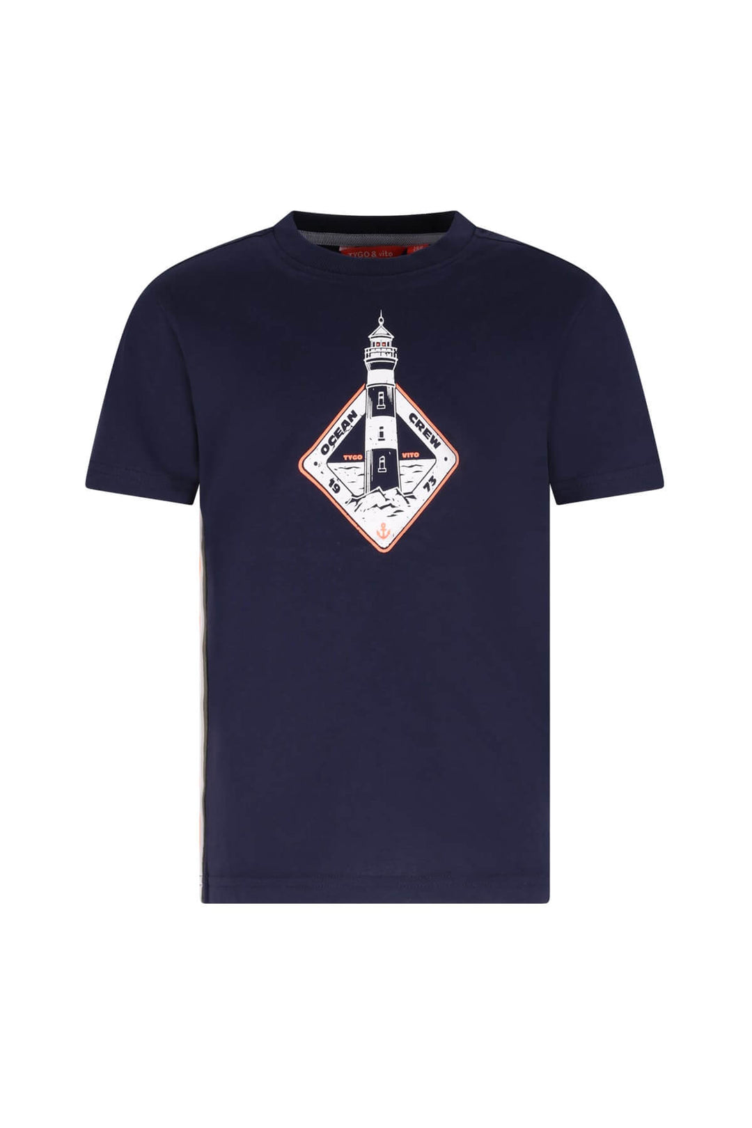 A navy blue t-shirt featuring a diamond-shaped graphic on the chest with a lighthouse illustration.