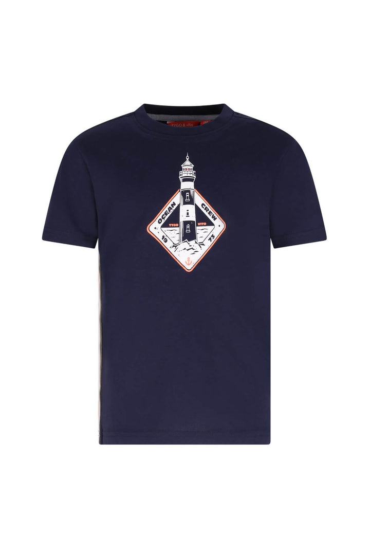 A navy blue t-shirt featuring a diamond-shaped graphic on the chest with a lighthouse illustration.