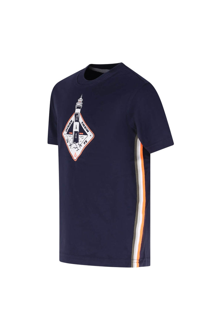 A navy blue short-sleeve t-shirt with a diamond-shaped lighthouse graphic and a vertical orange, white, and gray stripe on the right side.