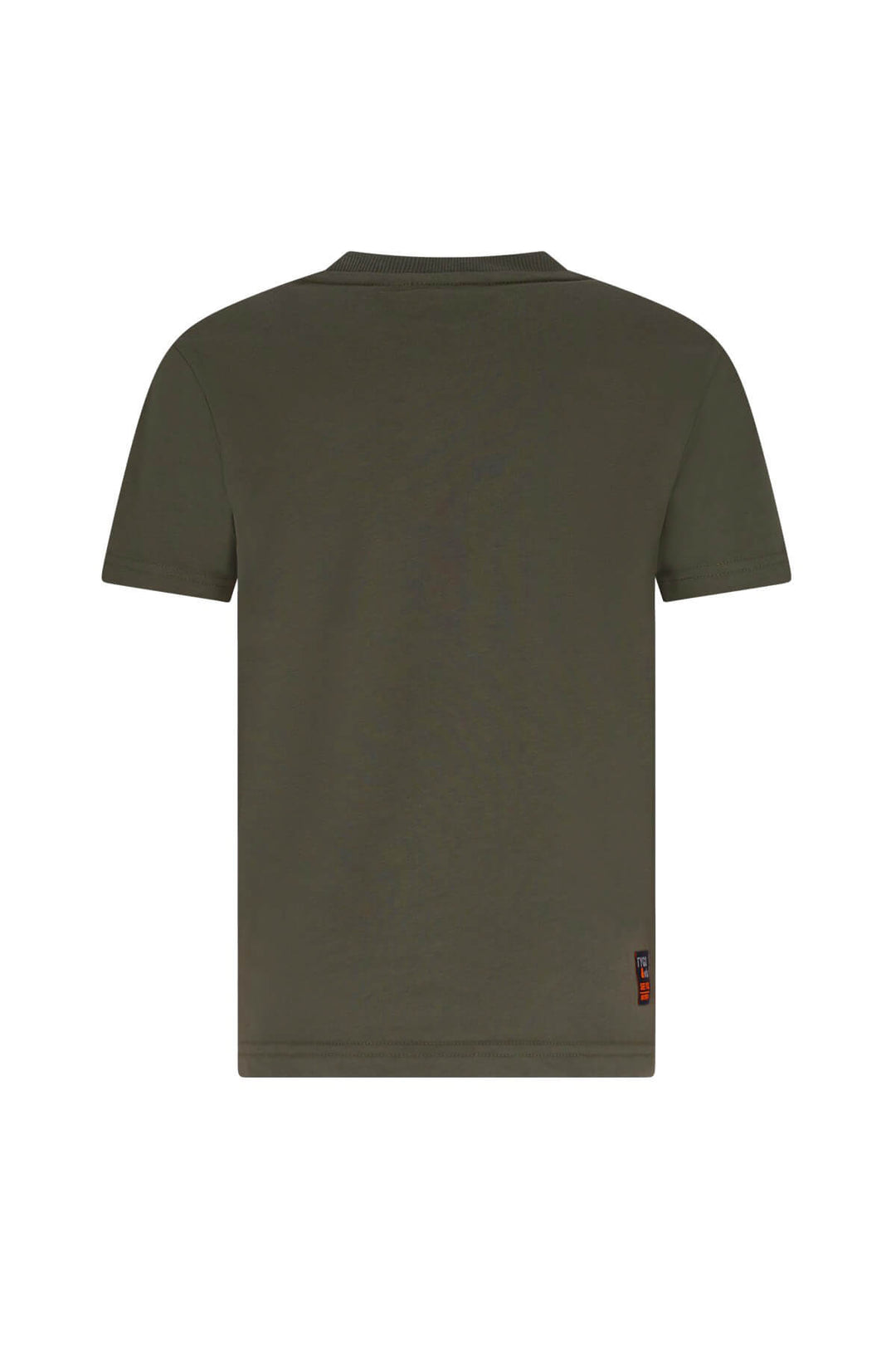 An olive green t-shirt shown from the back, featuring a small red and blue brand tag near the bottom right hem.