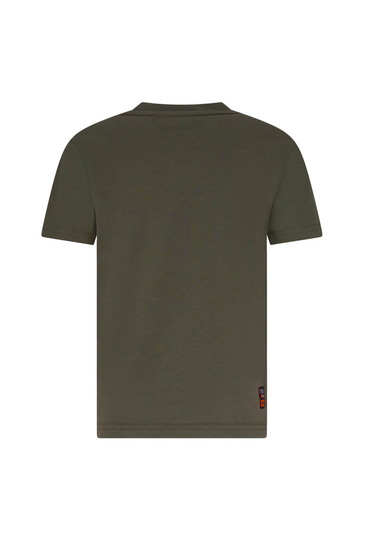An olive green t-shirt shown from the back, featuring a small red and blue brand tag near the bottom right hem.