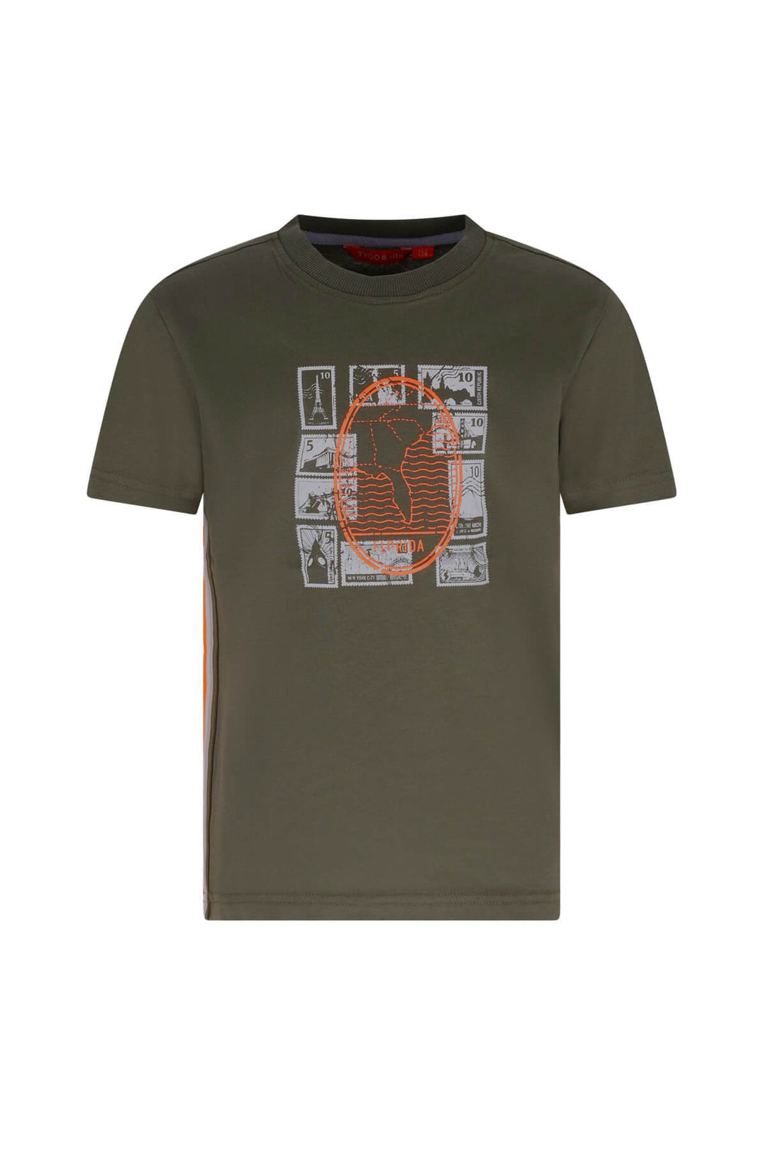 An olive green short-sleeve t-shirt with a graphic print on the front featuring a gray newspaper collage and an orange circular logo, displayed on a solid white background.