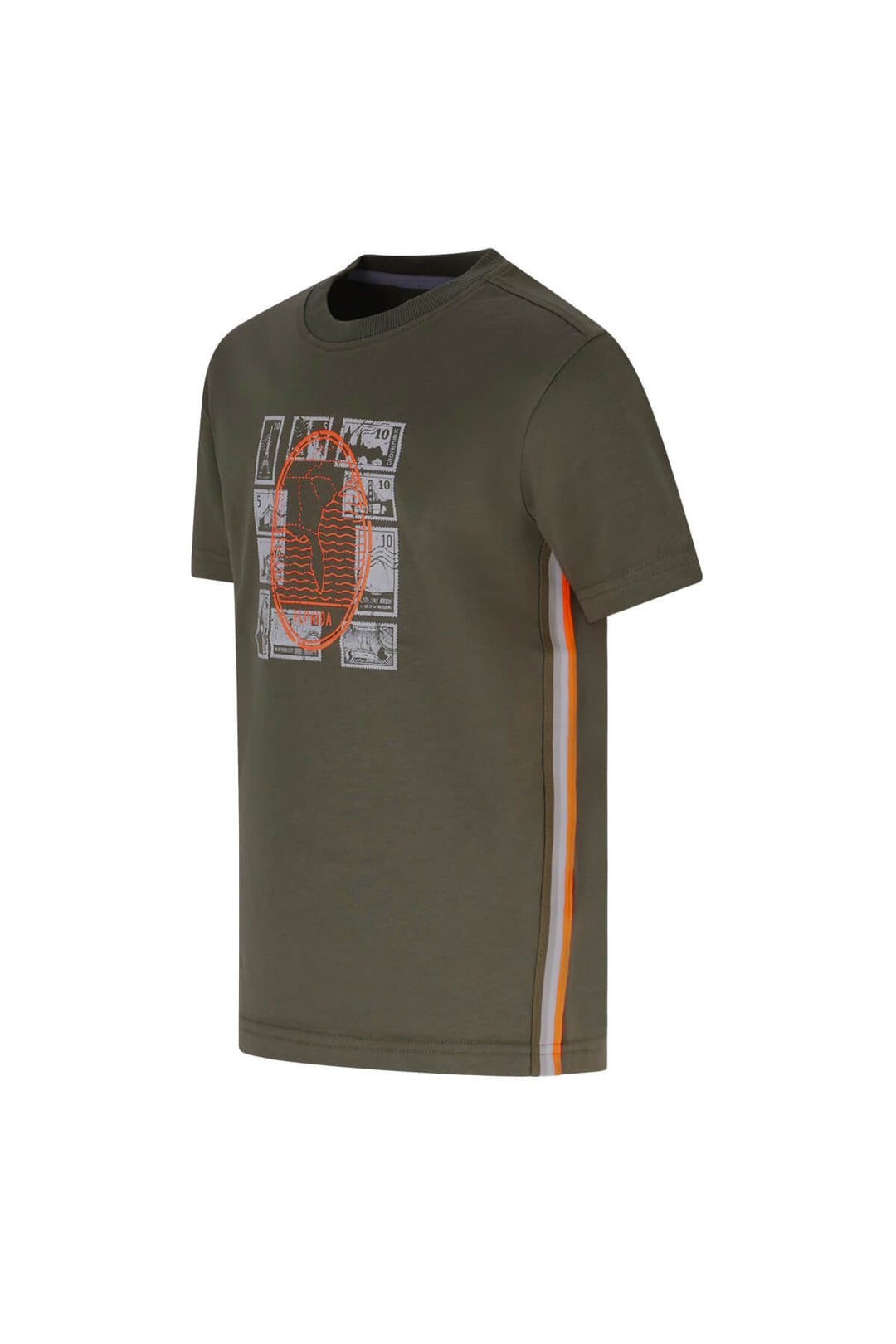 An olive green short-sleeve t-shirt with a graphic print on the left chest and a vertical orange and white stripe on the right sleeve, shown on a plain white background.