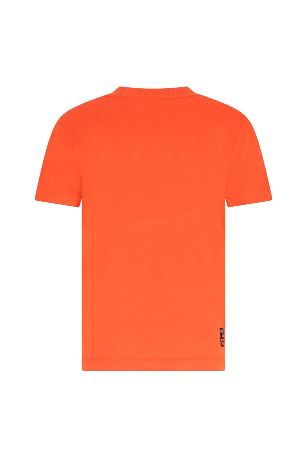 Bright orange short-sleeve t-shirt shown from the back on a clean white background, featuring a small dark logo tag near the bottom right hem.