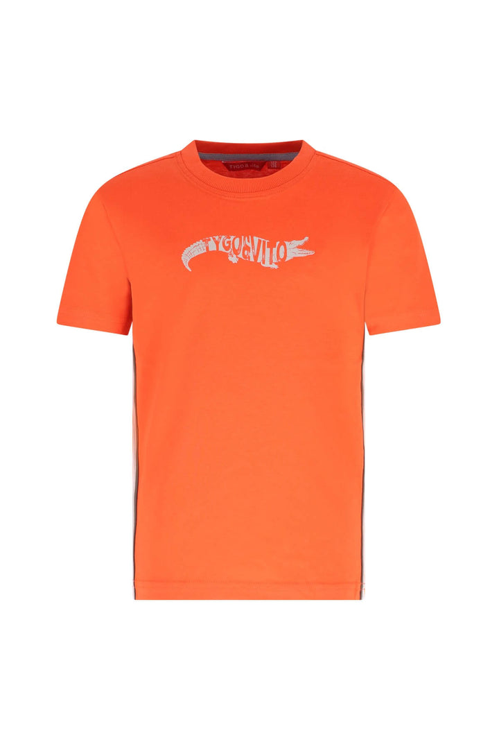 A bright orange short-sleeve crewneck t-shirt with a white crocodile logo graphic across the chest, displayed on a clean white background.