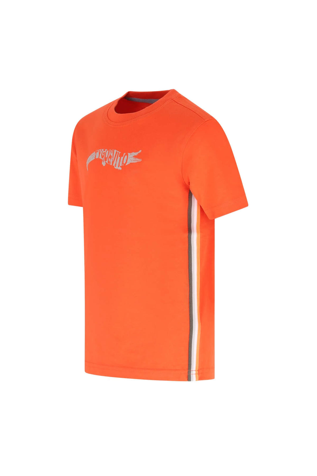 An orange short-sleeve athletic t-shirt with a stylized white graphic on the left chest and a vertical white stripe with a thin gray center line on the right side, shown on a plain white background.
