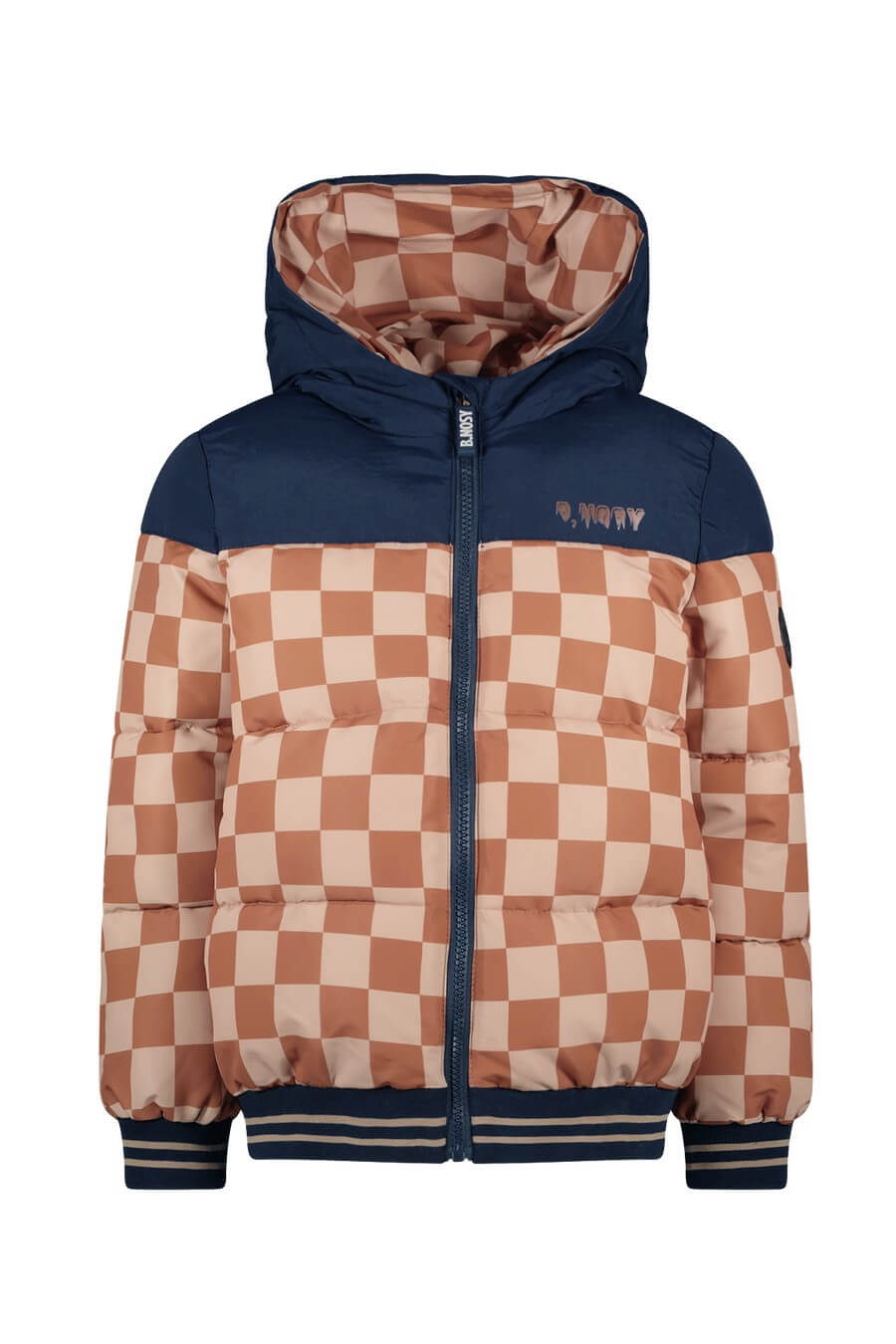 Checkered jacket with navy accents on a white background