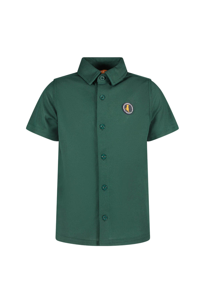 Front view of the green button-up shirt Kyle with a small logo on a white background