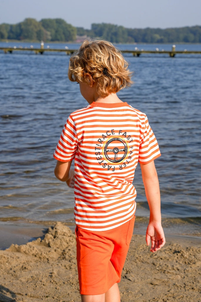Boy wearing a red and white striped shirt and orange shorts standing on a beach with water and trees in the background.