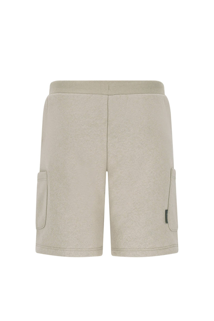 Back view of a pair of light beige heathered sweat shorts with a ribbed waistband and side cargo pockets, shown against a plain white background.
