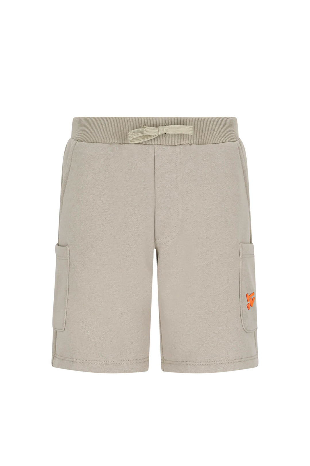A pair of light beige heathered shorts with a matching drawstring waistband, side pockets, and a small orange embroidered logo on the lower right leg, shown against a plain white background.