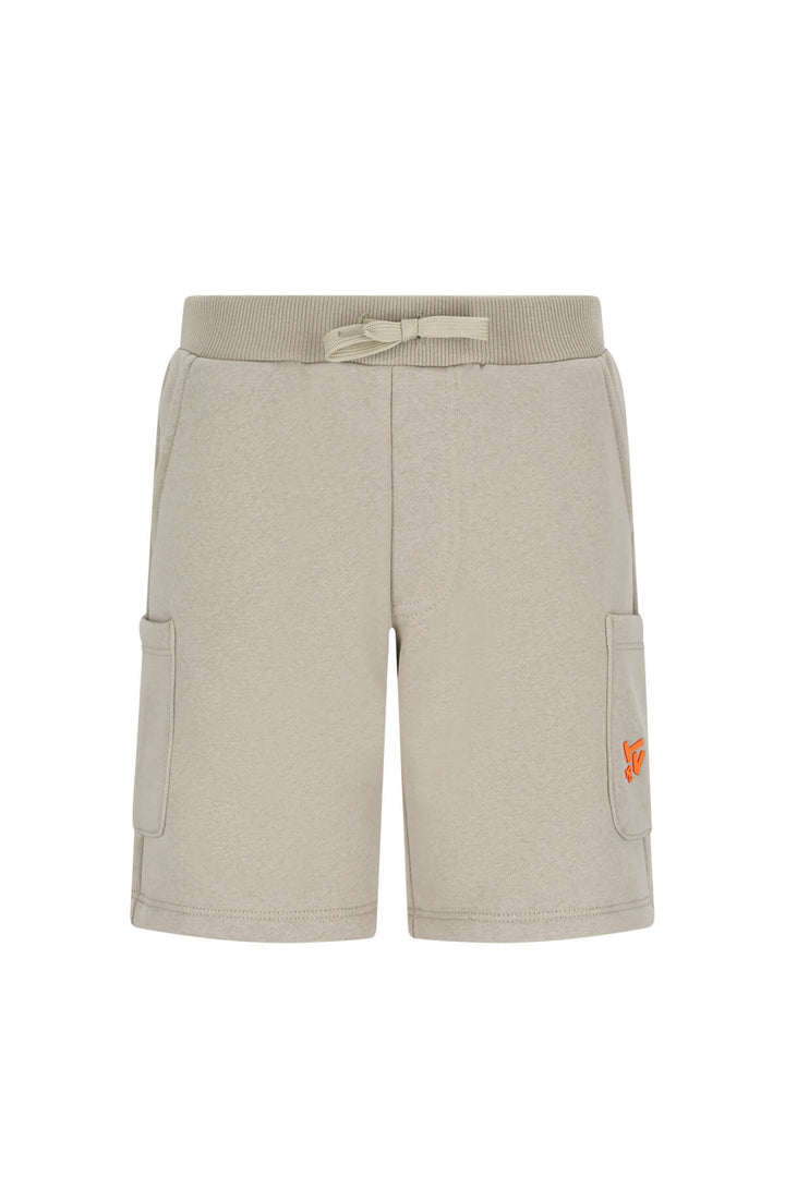 A pair of light beige heathered shorts with a matching drawstring waistband, side pockets, and a small orange embroidered logo on the lower right leg, shown against a plain white background.