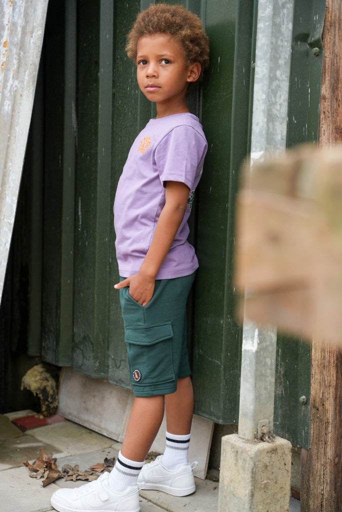 Boy wearing a purple shirt and green shorts Bruce standing against a green door.