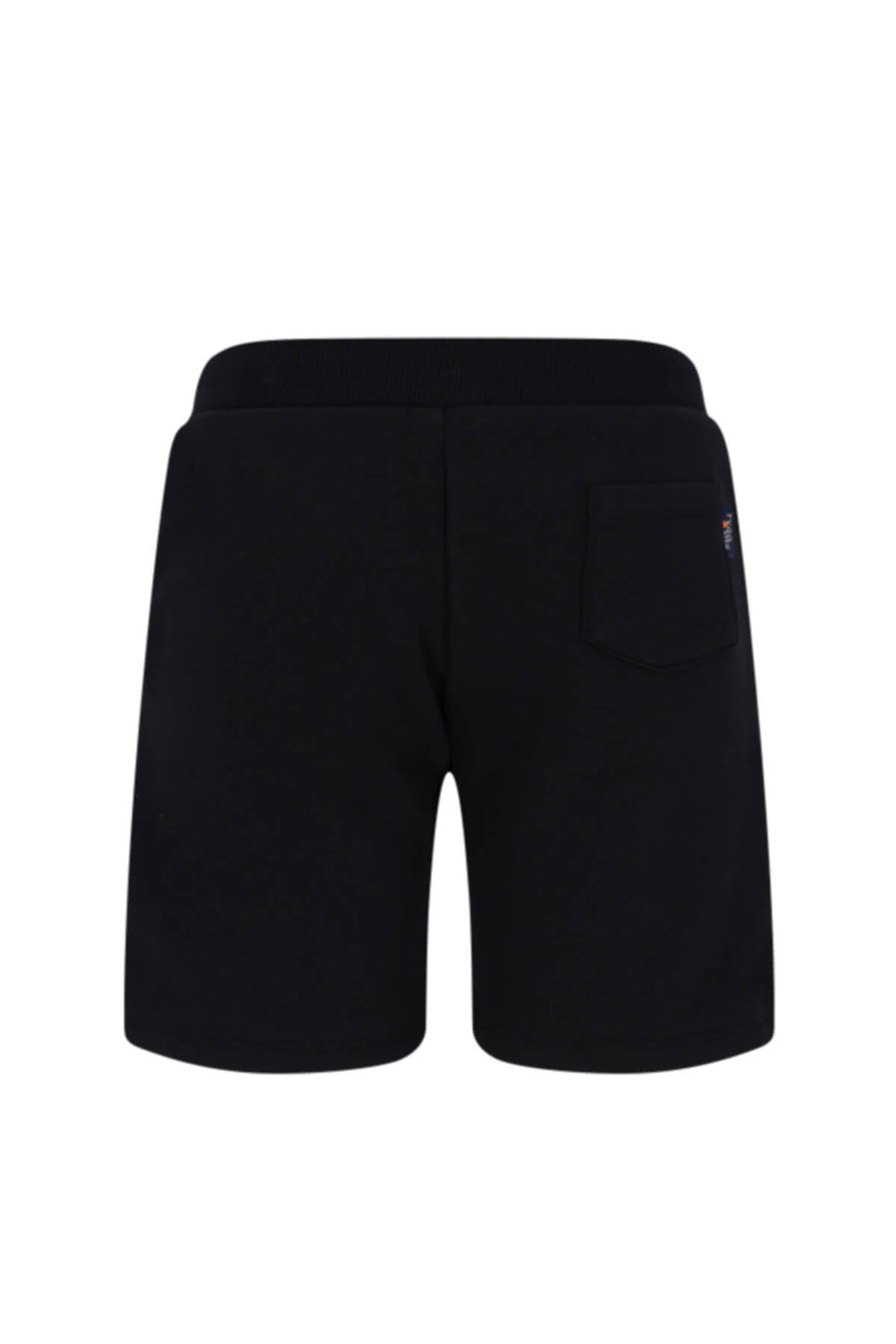 Black sweat shorts with an elastic waistband and a single back pocket, shown from the back on a white background.