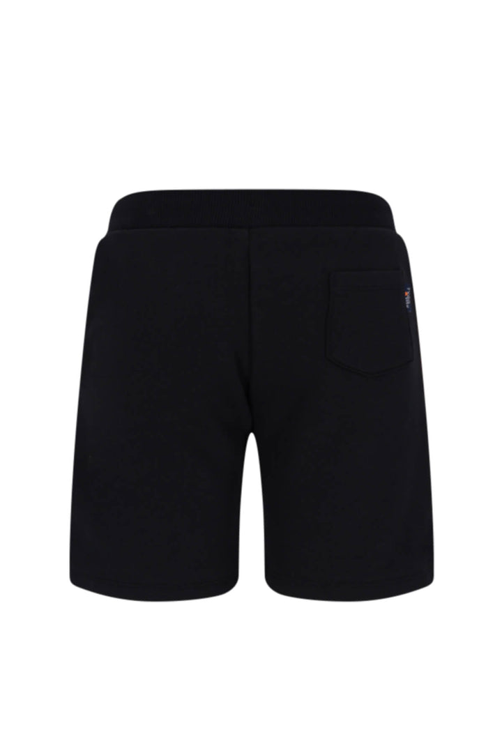 Black sweat shorts with an elastic waistband and a single back pocket, shown from the back on a white background.