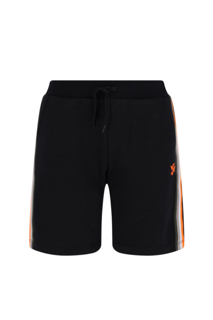 Black athletic shorts with a drawstring waistband, featuring orange and white side stripes and a small orange logo on the left leg, shown against a plain white background.