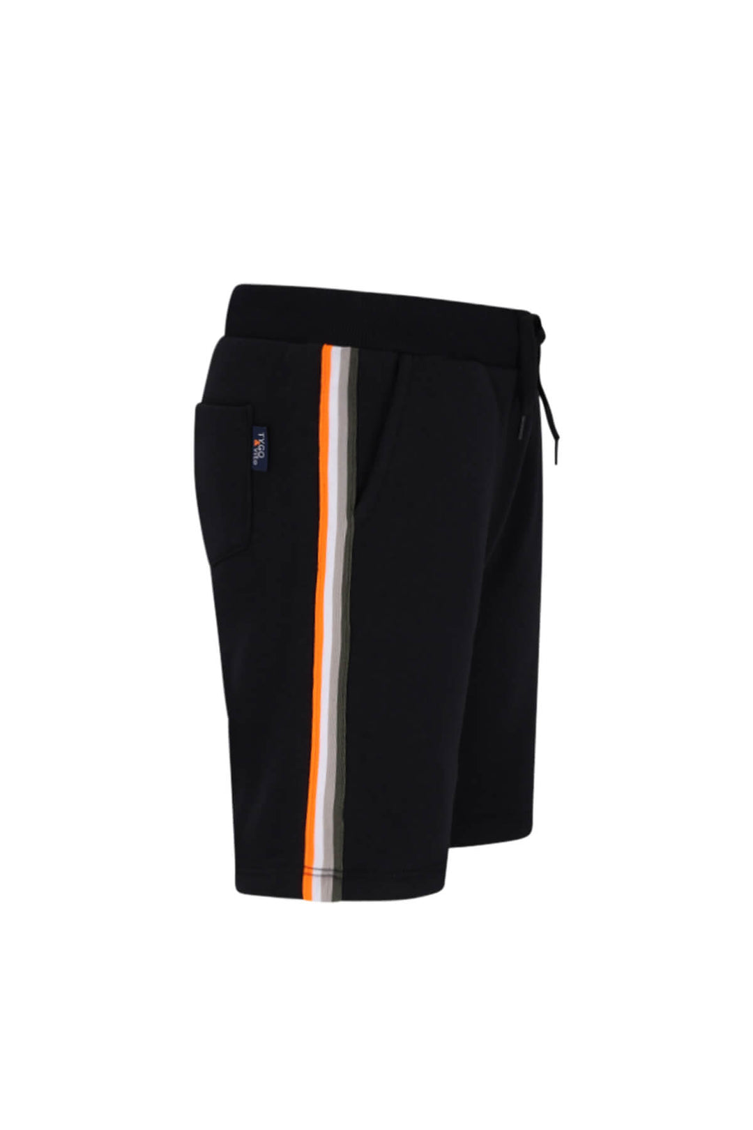 Black athletic shorts with a vertical multi-colored stripe down the side in orange, white, and gray, featuring a drawstring waist and side pocket.