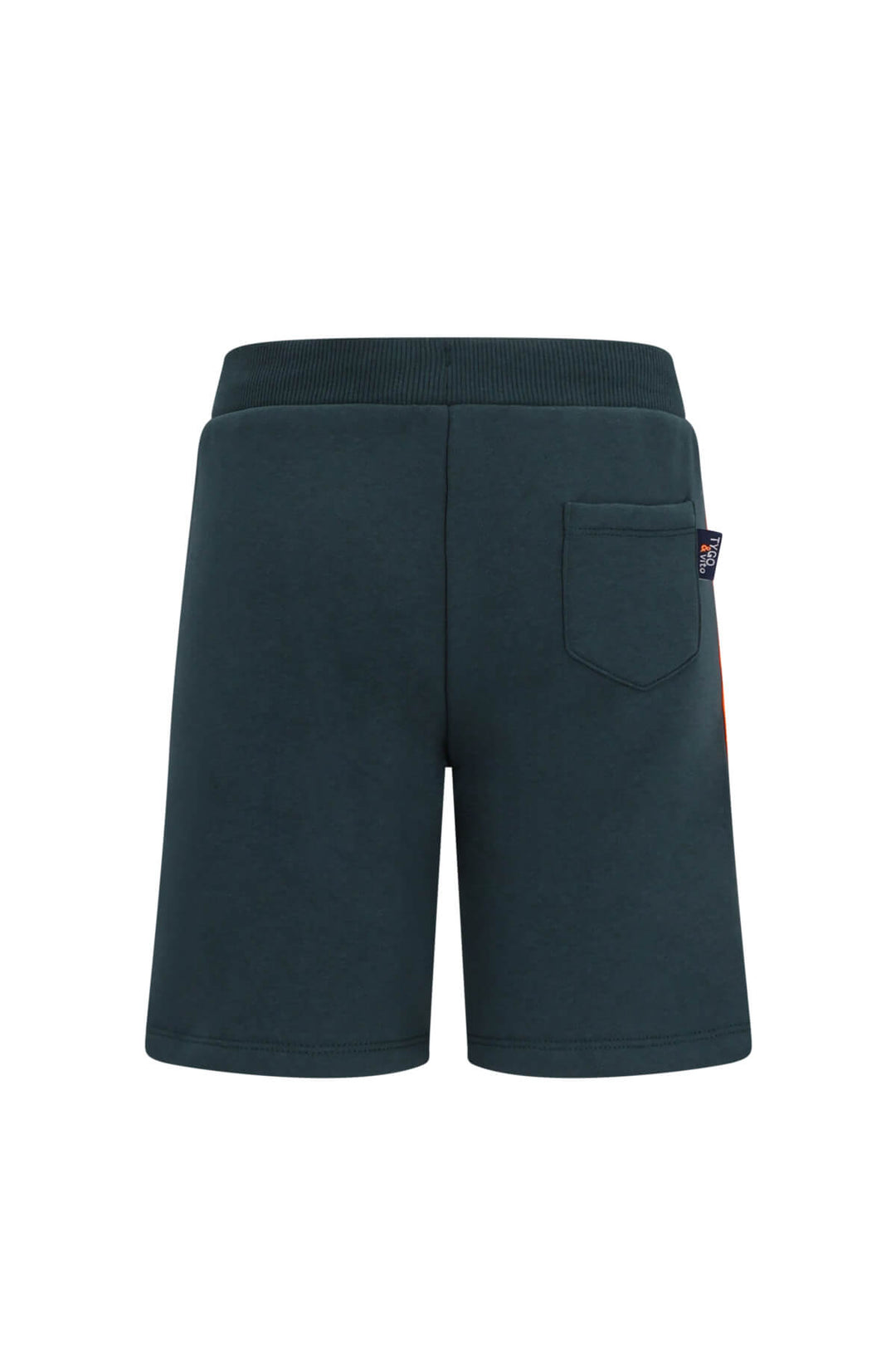 Dark sweat shorts with an elastic waistband, a side pocket, and a small orange and white logo tab on the pocket, shown from the back on a white background.