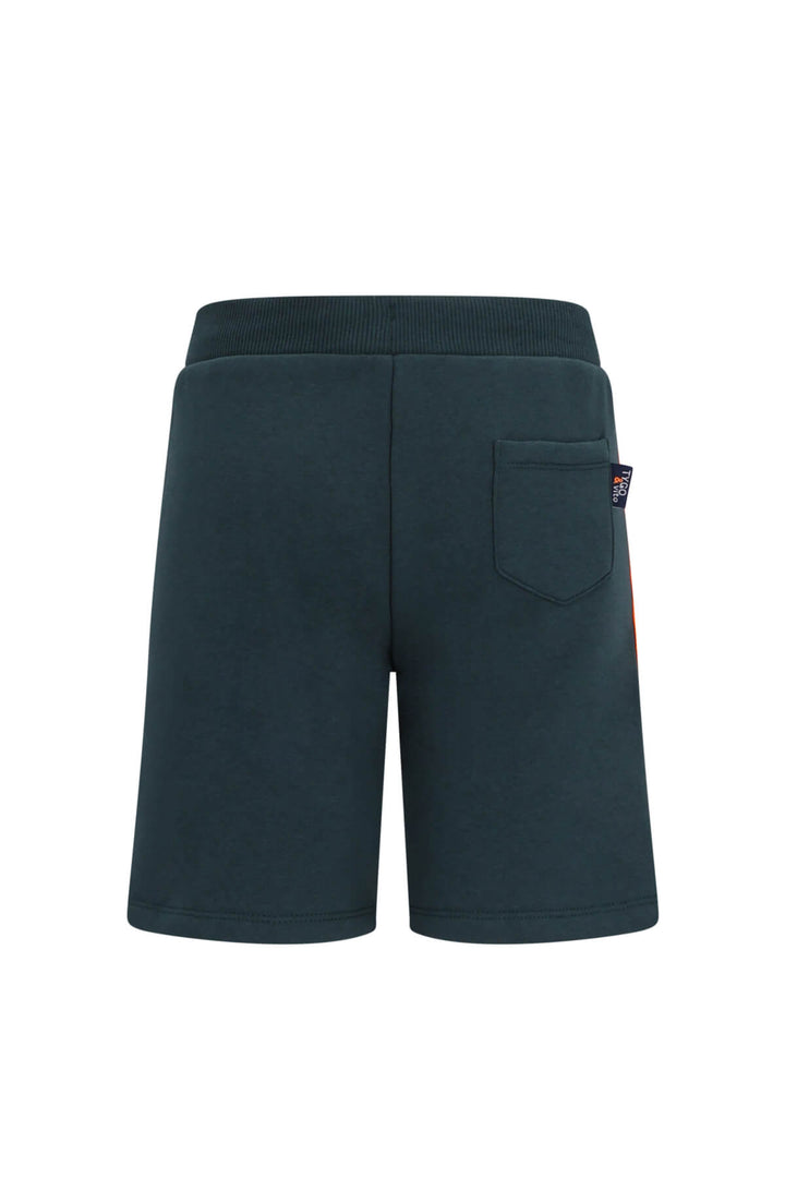 Dark sweat shorts with an elastic waistband, a side pocket, and a small orange and white logo tab on the pocket, shown from the back on a white background.