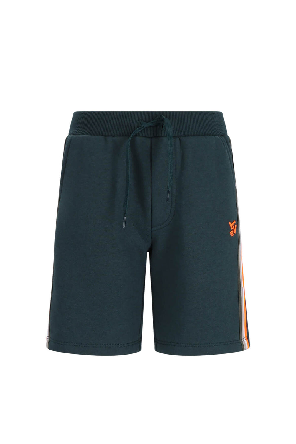 Dark green sweat shorts with a drawstring waist, featuring a small orange embroidered logo on the left hip and a vertical orange and white stripe on the right leg, shown against a plain white background.