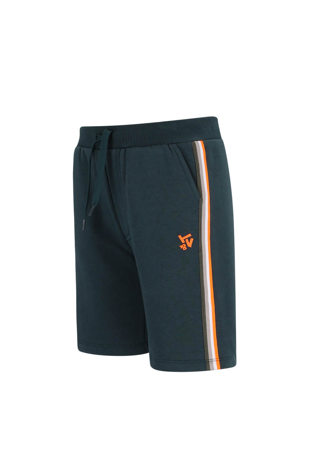 Dark athletic shorts with a drawstring waist, featuring a vertical orange, white, and gray stripe on the right side and an orange logo on the left thigh.