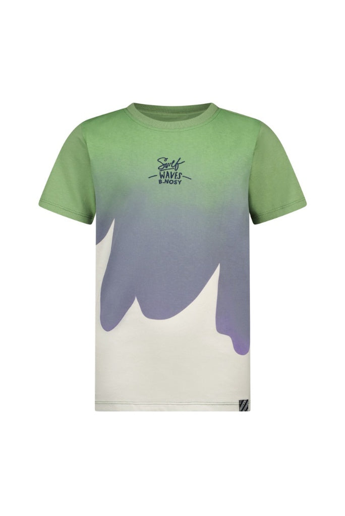 Tye-die t-shirt Timmy by B.Nosy with green to purple design on a white background
