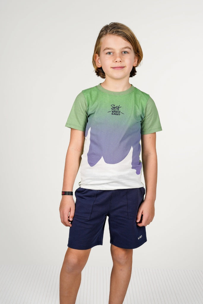 Boy wearing a gradient t-shirt Timmy by B.Nosy with a graphic design on a white background