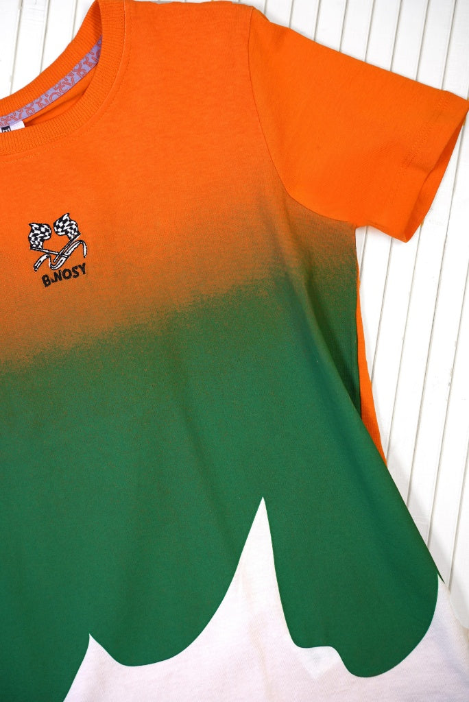 Orange and green T-Shirt with a logo and text on a white background