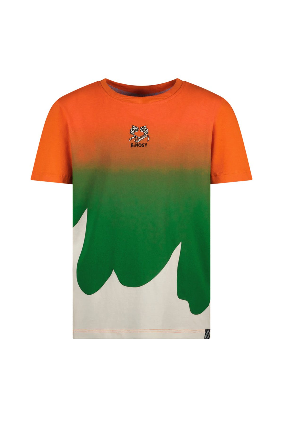 Gradient orange to green t-shirt Timmy with a logo on a white background