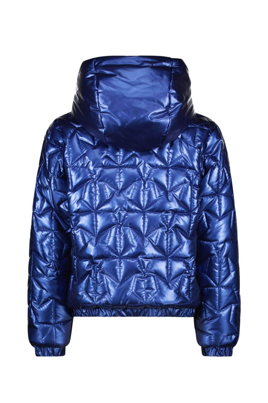 Back view of the blue bomber jacket with a hood on a white background