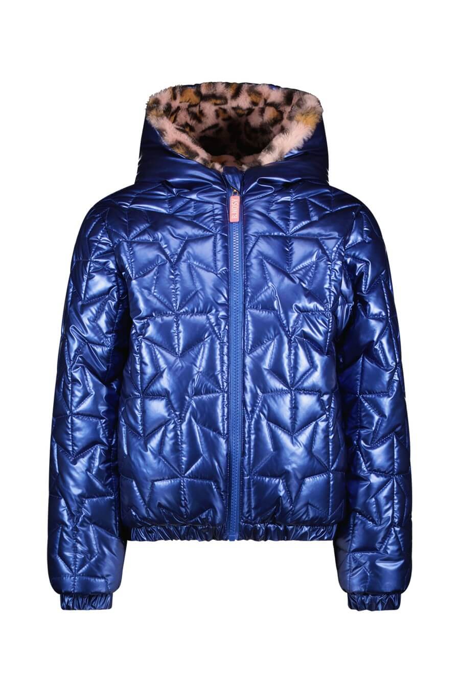 Blue puffer jacket with a leopard print hood on a white background