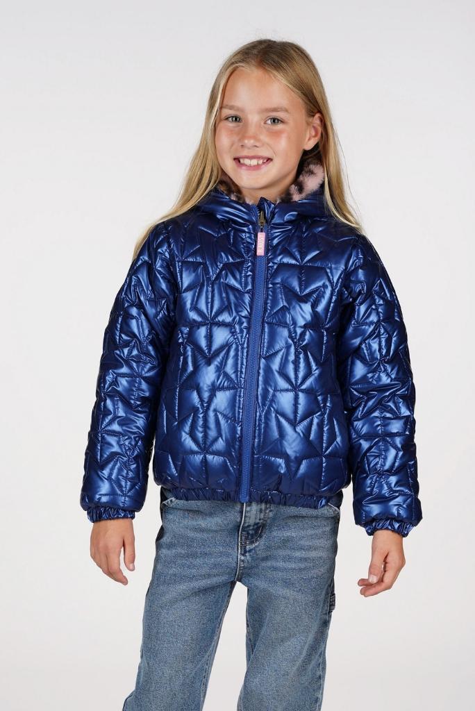 Young girl wearing a blue bomber jacket on a white background