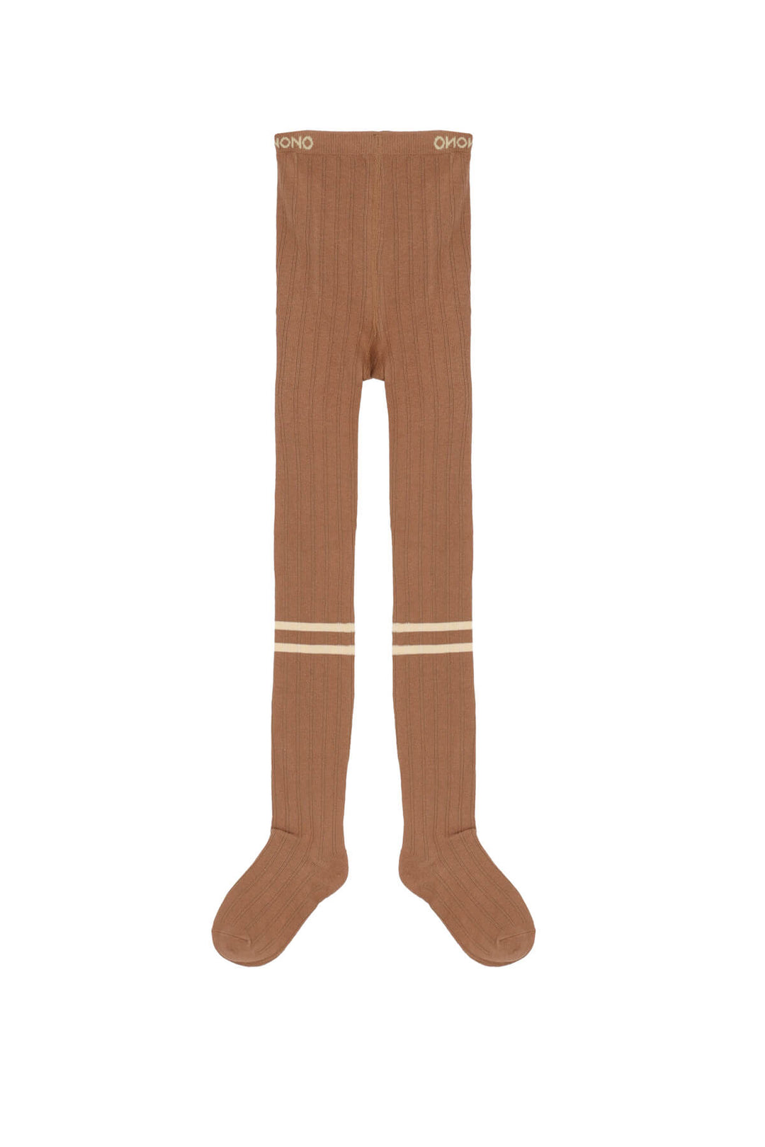 A pair of ribbed brown tights with two horizontal cream stripes near the lower legs, displayed flat against a solid white background.