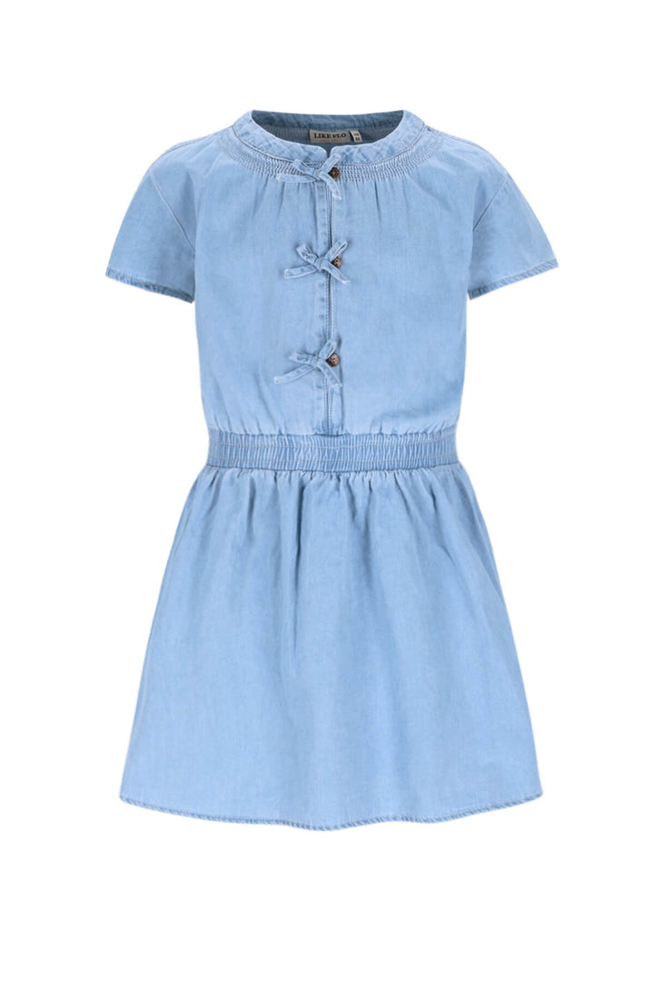 Light blue denim dress on a white background