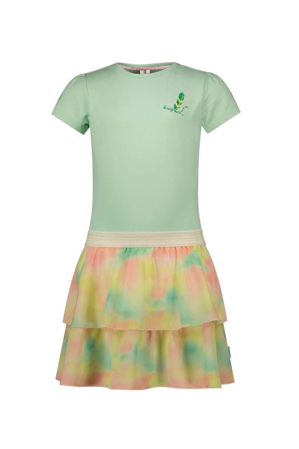 A girls' short-sleeve dress in mint green with a small embroidered frog on the left chest and a tiered skirt in a pastel tie-dye pattern of pink, yellow, and green, shown against a plain white background.