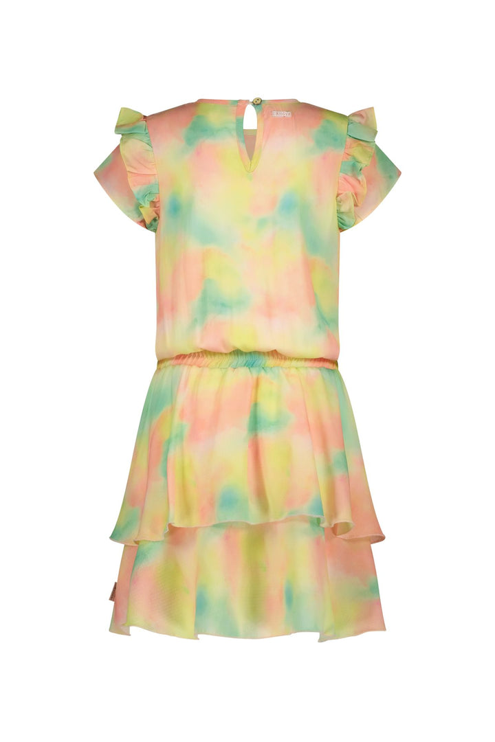 Back view of the short-sleeve tiered dress with a pastel tie-dye pattern in pink, yellow, green, and blue, shown against a plain white background.