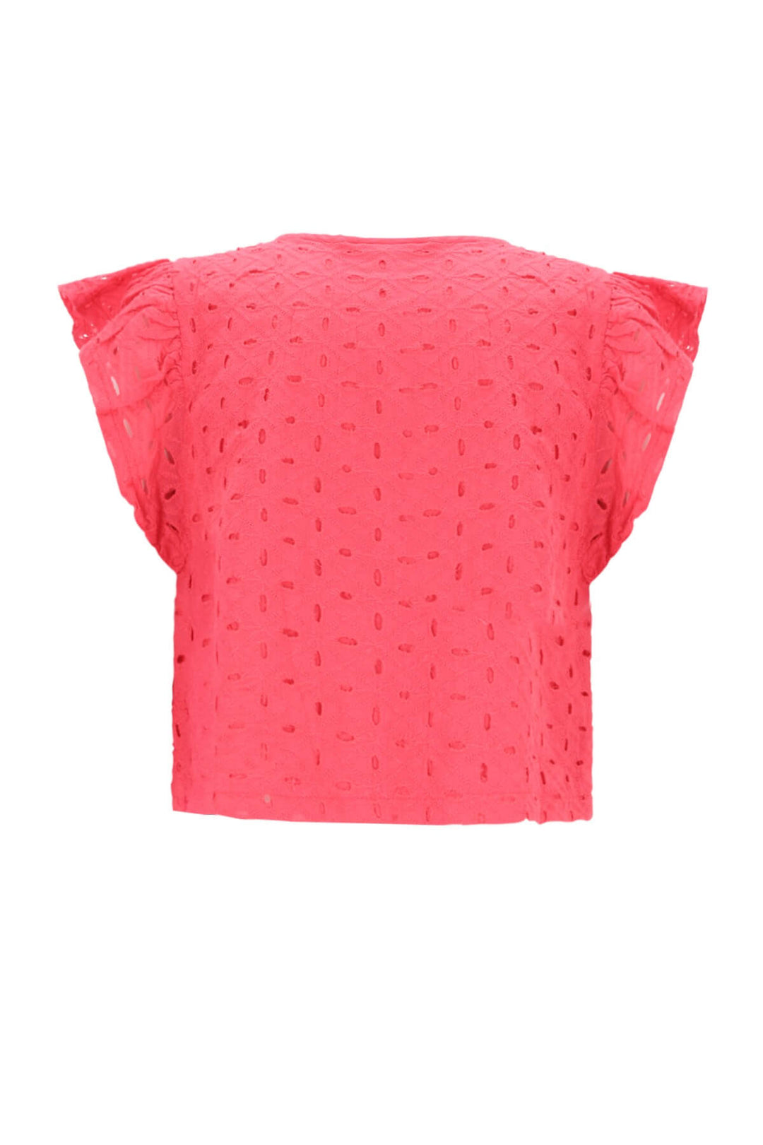 A bright coral pink short-sleeve crop top with a textured, eyelet lace pattern and ruffled sleeves, shown against a plain white background.