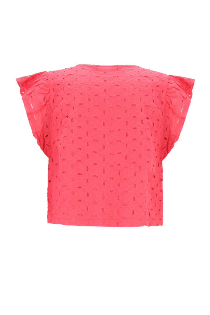A bright coral pink short-sleeve crop top with a textured, eyelet lace pattern and ruffled sleeves, shown against a plain white background.