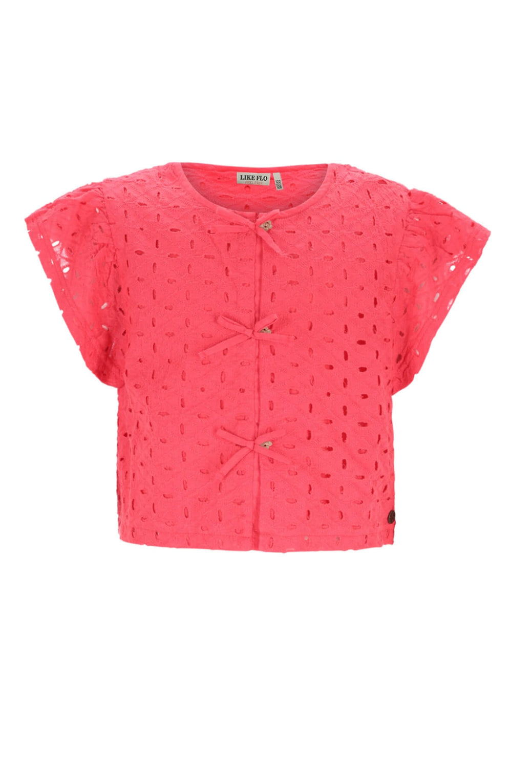 A coral pink short-sleeve top with three decorative bow details down the front, displayed on a solid white background.