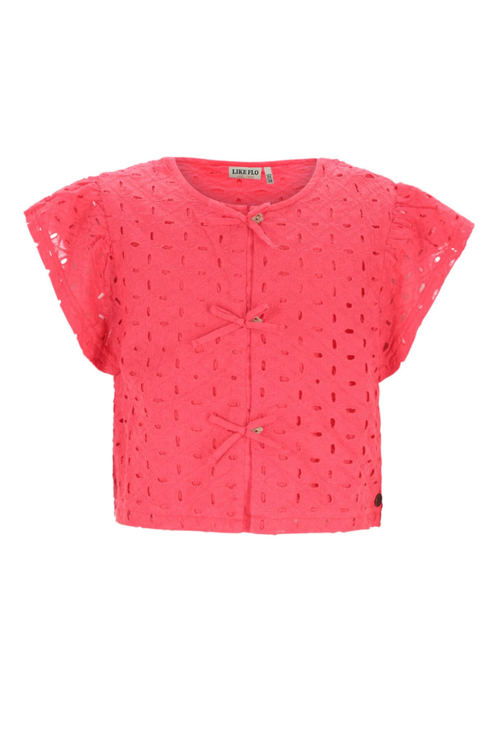A coral pink short-sleeve top with three decorative bow details down the front, displayed on a solid white background.