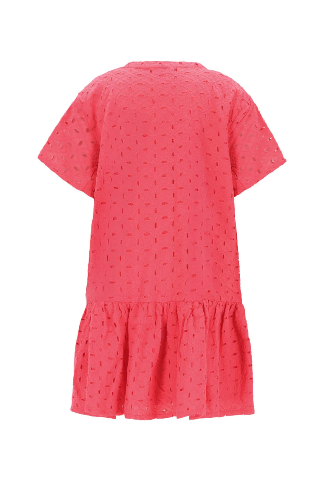Back view of the pink embroidered dress Mace on a white background