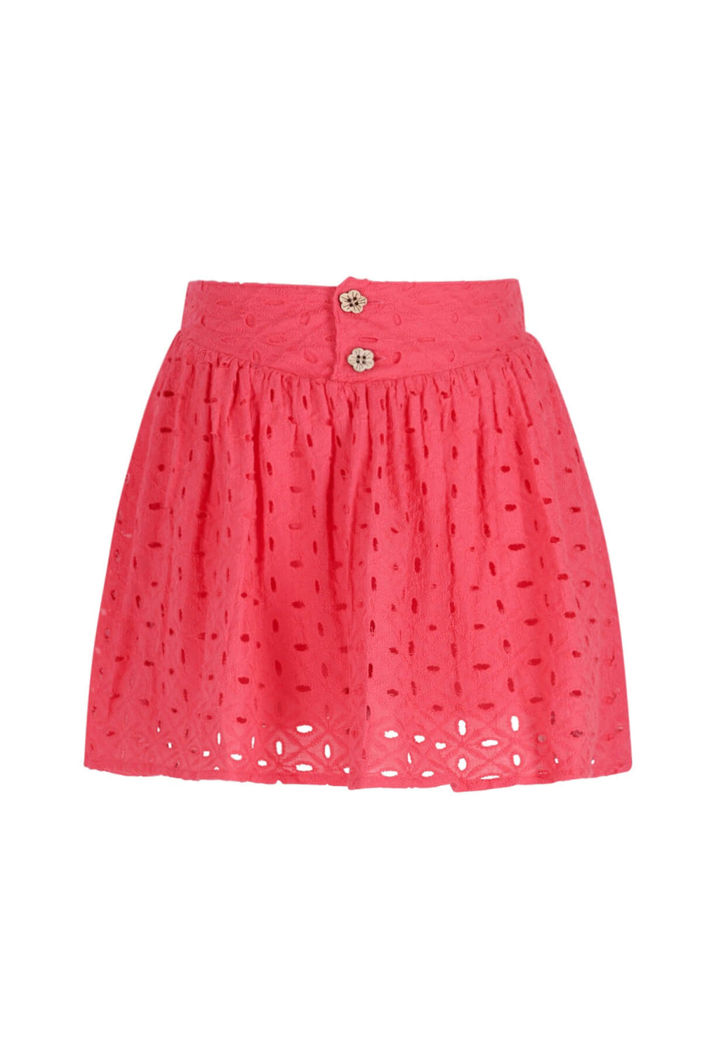 Pink embroidered skirt with button details on a white background