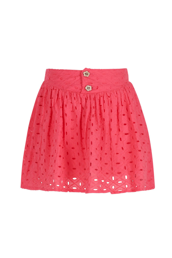 Pink embroidered skirt with button details on a white background