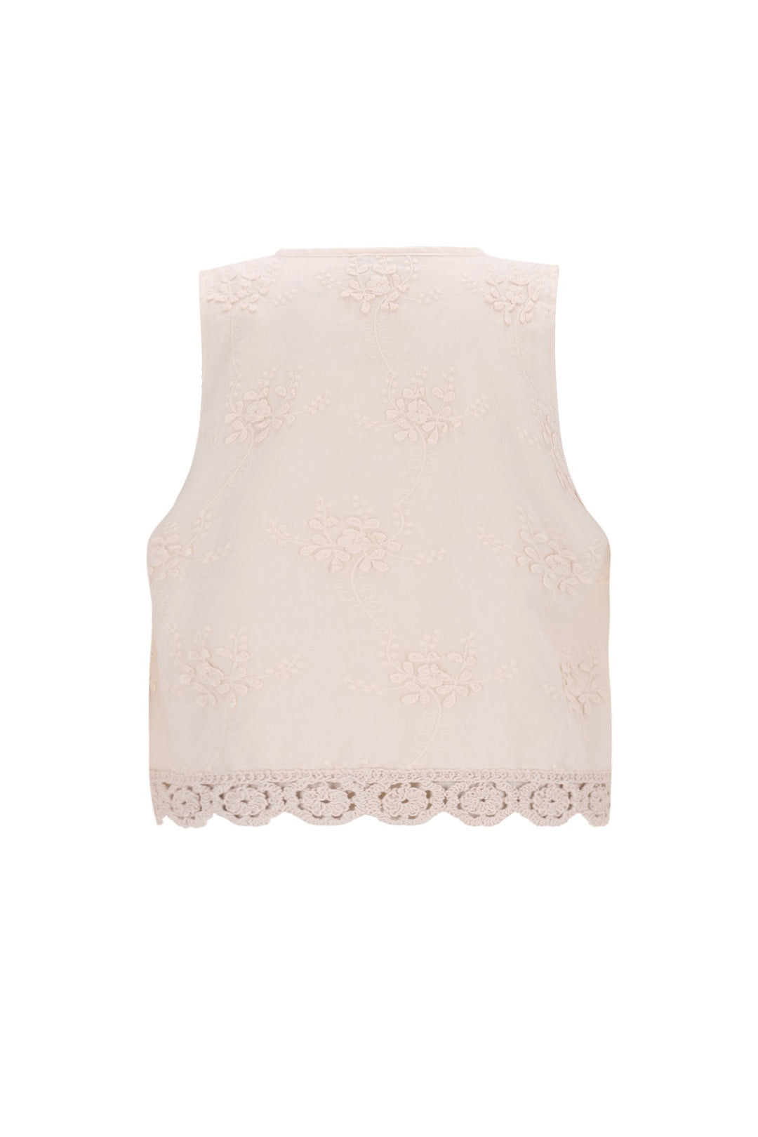 A sleeveless cream-colored embroidered vest featuring delicate floral embroidery and a scalloped eyelet lace hem, shown against a plain white background.
