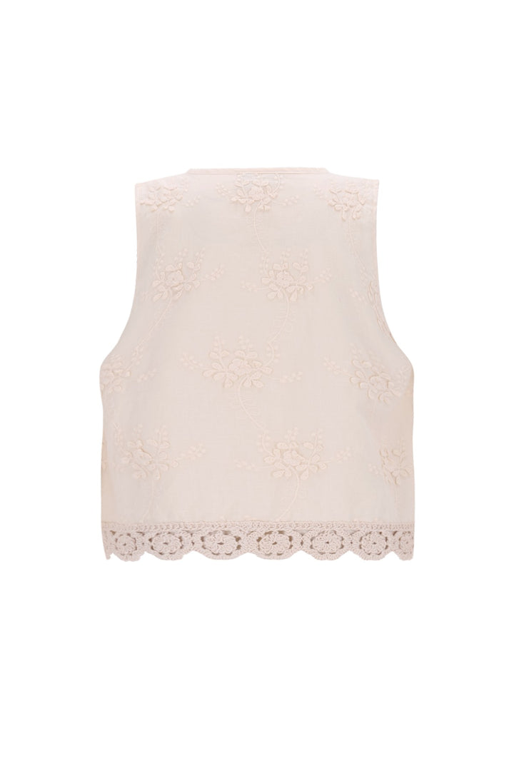 A sleeveless cream-colored embroidered vest featuring delicate floral embroidery and a scalloped eyelet lace hem, shown against a plain white background.